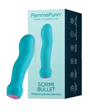 A turquoise personal massager next to its packaging box with the brand name 'FemmeFun' and product name 'Sormi Bullet' displayed