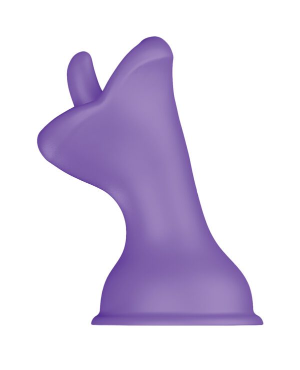 A single purple knight chess piece isolated on a white background.