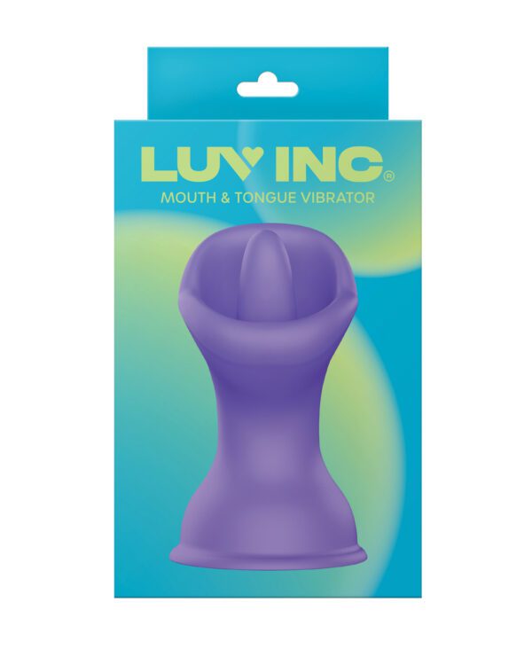 A purple product in packaging with the text "LUV INC Mouth & Tongue Vibrator" against a blue and green gradient background.