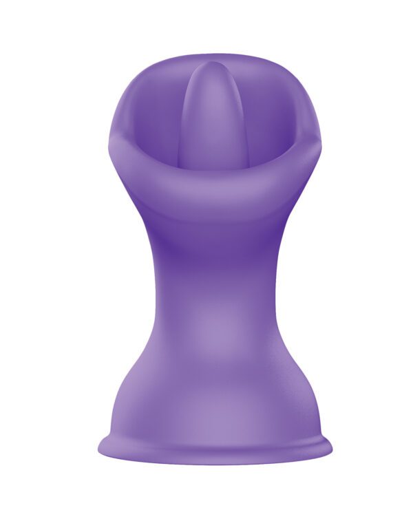 A purple silicone oven mitt designed to protect hands from heat, isolated on a white background.