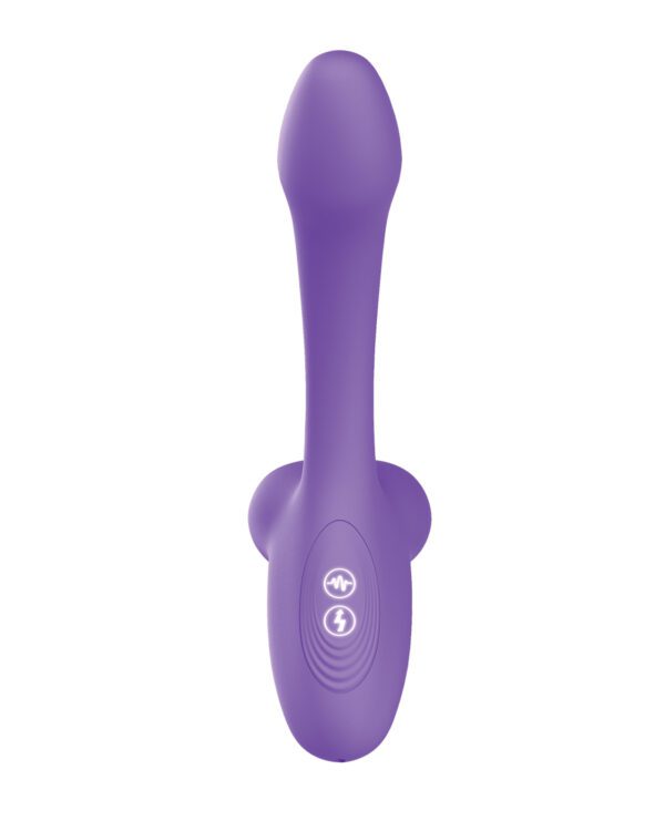 A purple handheld massager with button controls on a white background.