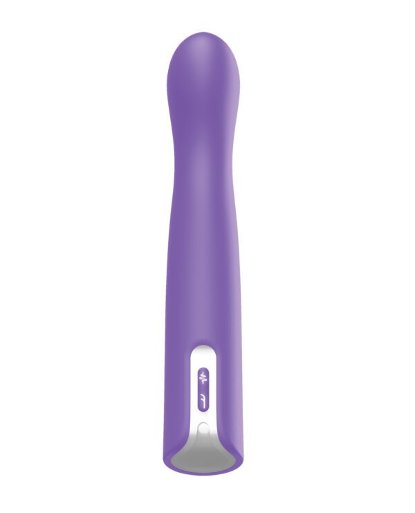 A purple handheld immersion blender with button controls isolated on a white background