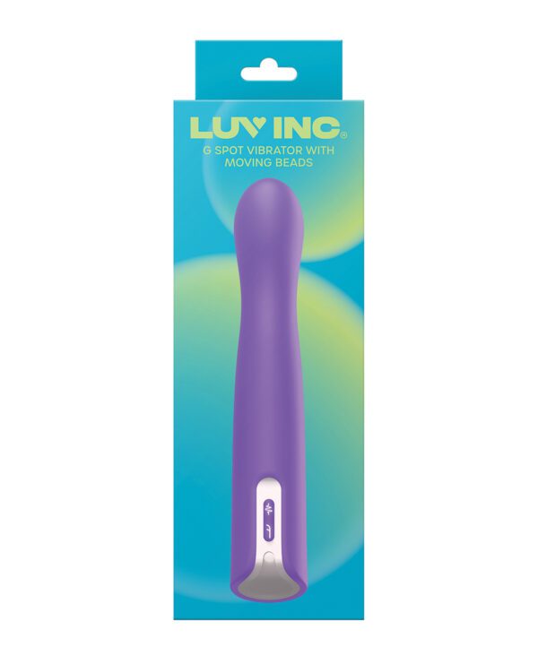 A packaged G spot vibrator with moving beads by LUV INC, displayed on a colorful background.