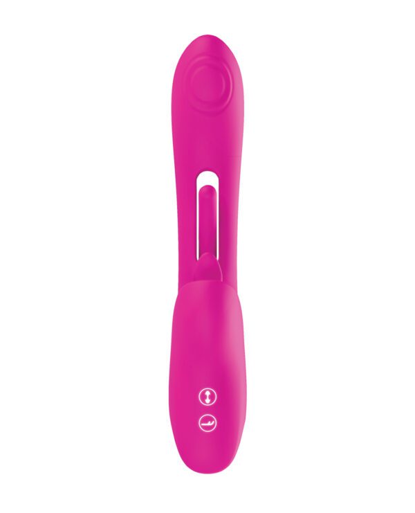 A bright pink handheld personal massage device isolated on a white background