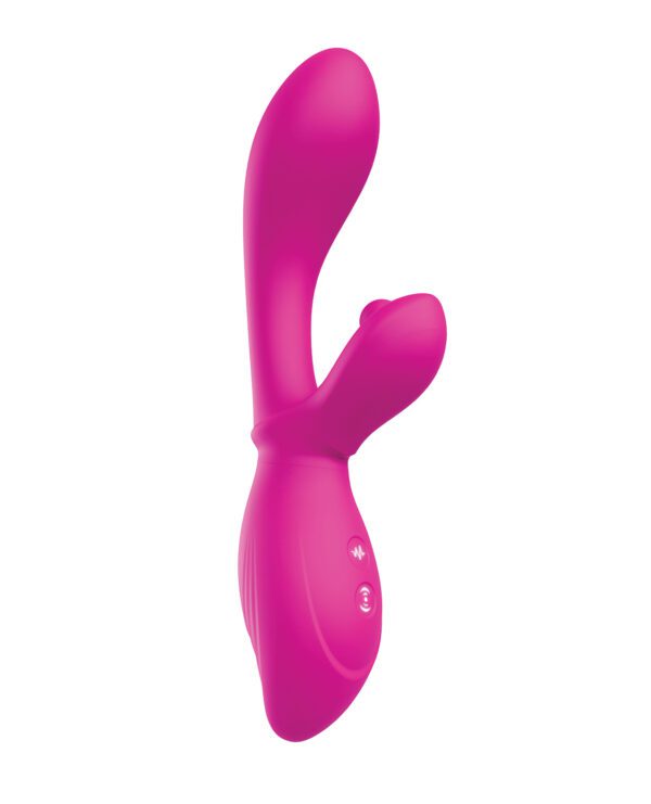 A pink adult dual stimulation toy isolated on a white background.