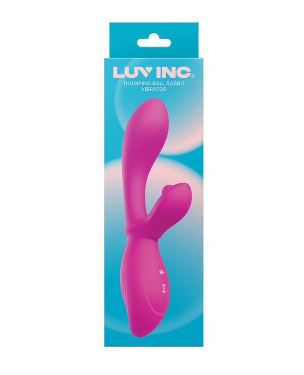 A pink personal massager in its packaging, displayed against a blue background with the branding LUV INC.