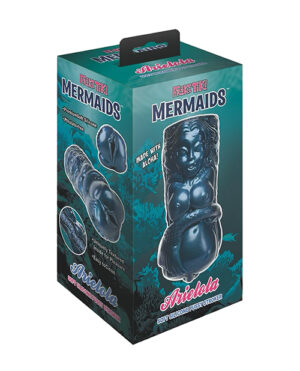 Product packaging for "Frisk Tiki Mermaids," featuring images of mermaid-themed pasties and the product name prominently displayed. The box has a blue and black color scheme with a mermaid illustration and text indicating the pasties are made with aloe.