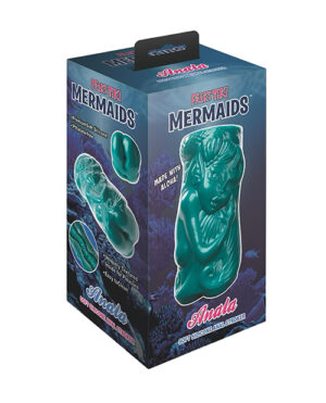 A product box for "Frisk Fiki Mermaids" with images showing the design of a green mermaid-shaped gummy candy, labeled as made with alcohol.