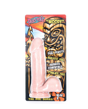 Adult toy packaged in a box with Tiki-themed graphics, labeled "Woody" from the "Tiki Diki Series," highlighting features like "Dual Density," "Realistic Feel," "Harness Compatible," and "Phthalate-Free." The product is 7 inches in length.