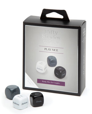 Kinky dice set for couples featuring playful prompts for intimate scenarios, presented in a stylish box.