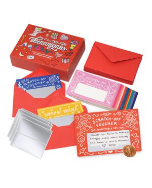 A set of colorful personalized scratch-off vouchers with a coin, displayed with a red box and envelopes.