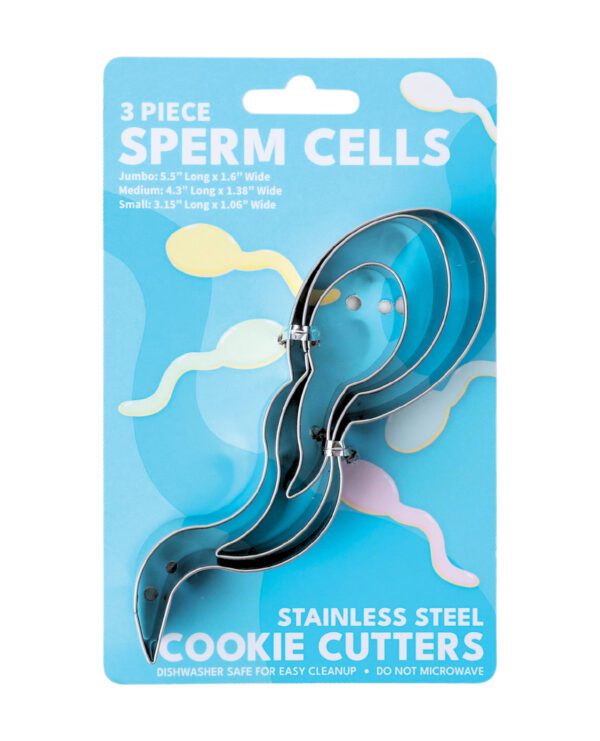 Three different sized sperm-shaped stainless steel cookie cutters on a blue package with cleaning instructions.