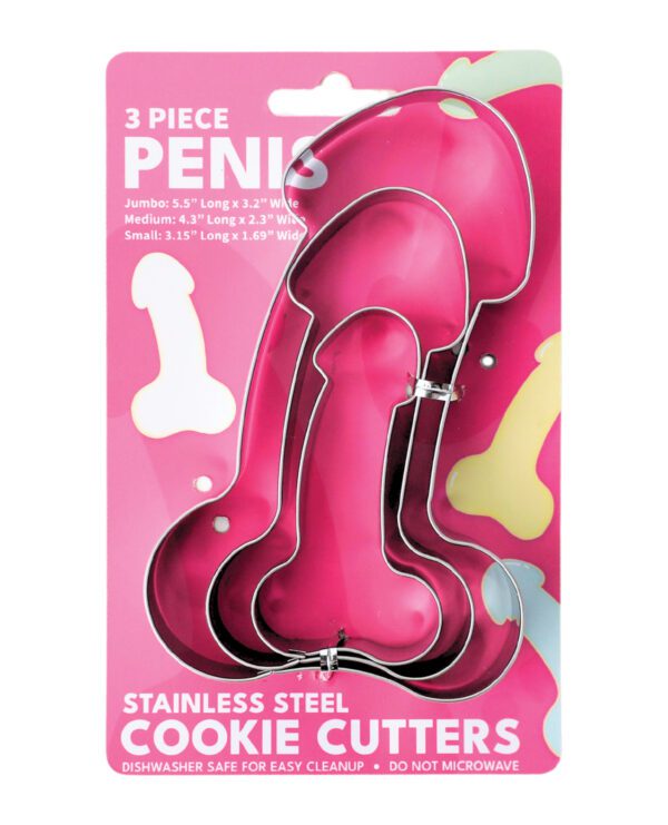 A 3-piece stainless steel cookie cutter set on pink packaging with size descriptions.