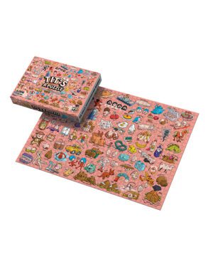 A completed jigsaw puzzle with colorful cartoon designs next to its matching puzzle box.