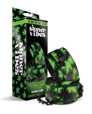 Pair of glow-in-the-dark ankle cuffs with cannabis leaf patterns, alongside its packaging which reads "Stoner Vibes" and "Glow in the Dark."