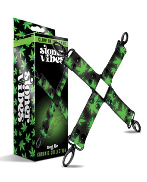 A glow-in-the-dark hog tie restraint with green cannabis leaf patterns, alongside its product packaging that reads "Stoner Vibes," from the "CHRONIC COLLECTION."