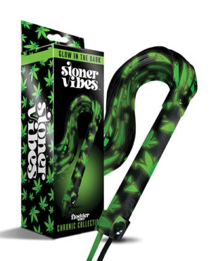 A pair of green cannabis leaf-patterned earbuds with "Glow in the dark Stoner Vibes" branding, next to their black package adorned with similar leaf designs from the "Chronic Collection".