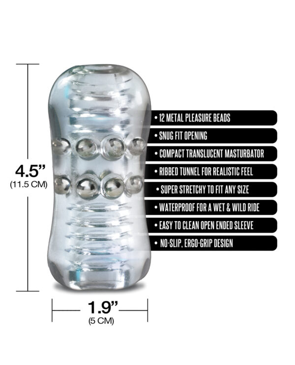 Transparent pleasure device with beads and ribbing, including dimensions and product features listed on the right side.