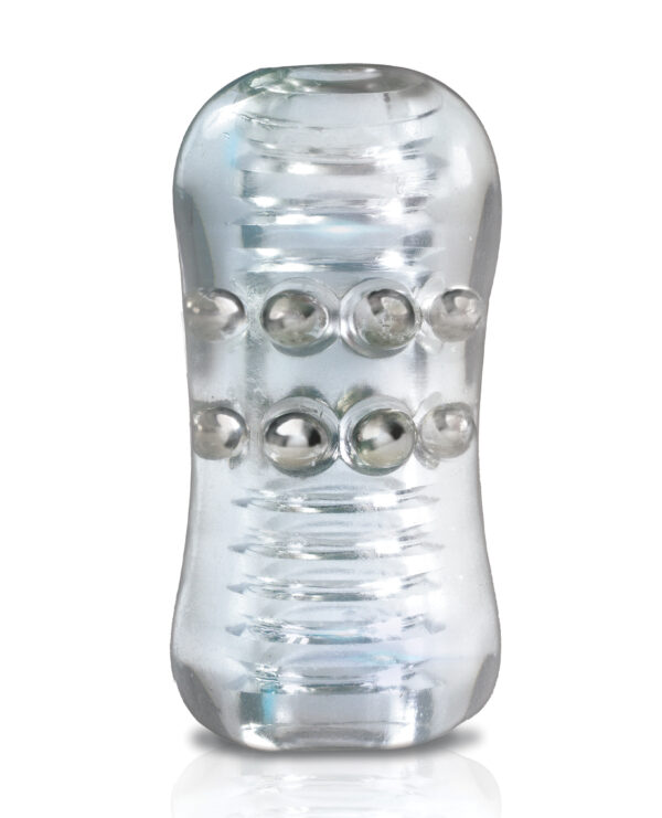 A clear glass object with textured surface designed for massage, isolated on a white background.