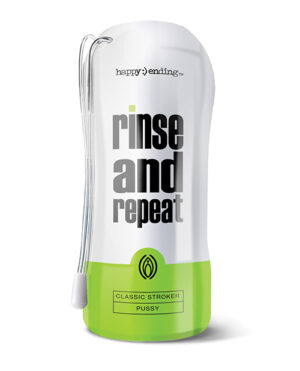 A bottle of a male stroker toy featuring bold text that reads "rinse and repeat" with a colorful design.