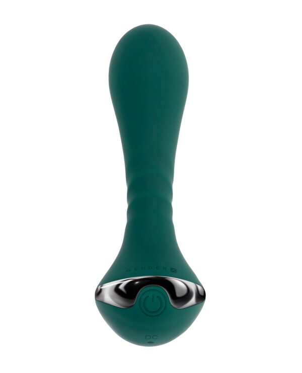 Teal handheld massaging tool with a power button and branding on its handle