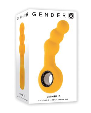 The image shows two packages of the product "GENDER X" from the Bumble collection. The product is silicone-based and rechargeable, and the packaging is predominantly white with yellow accents reflecting the product’s color.