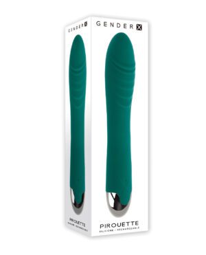 Two green silicone rechargeable massagers displayed in their packaging with the brand name Gender X.