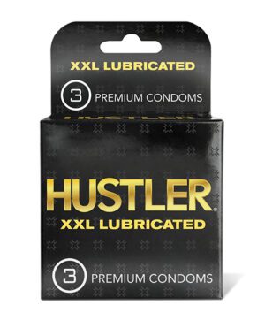 A package of Hustler brand XXL lubricated premium condoms with a quantity of three as indicated on the box.