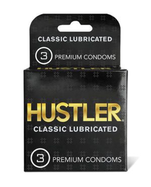 A package of Hustler Classic Lubricated Premium Condoms, containing 3 condoms. The box is black with gold and white text and logo, along with a pattern of plus signs and lines.