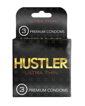 A package of Hustler Ultra Thin premium condoms with a quantity indicator of 3 on the box. The box background is black with decorative patterns and text in white and gold.