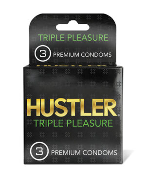 A package of Hustler Triple Pleasure premium condoms with the number 3 prominently displayed.