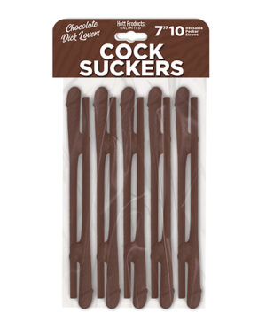 A pack of chocolate-colored reusable straws shaped like novelty items, labeled "Cock Suckers," perfect for themed parties or playful gatherings.