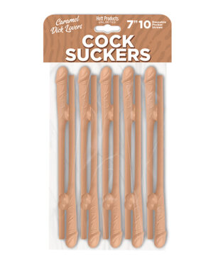 A pack of six reusable caramel-flavored straws designed in a playful phallic shape, aimed at adult consumers.