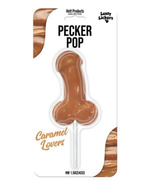 An image of a novelty caramel-flavored lollipop in suggestive packaging labeled "PECKER POP" from Lusty Lickers series.