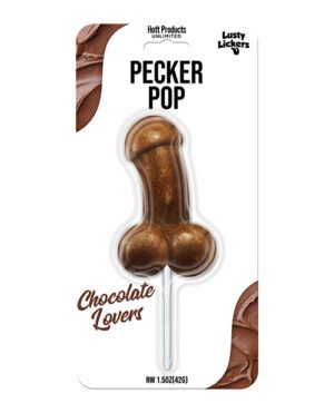 A novelty chocolate lollipop in suggestive shape packaged on a white background with branding and flavor text.