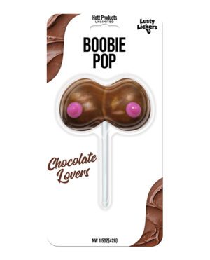 A novelty chocolate lollipop designed to resemble a pair of breasts, branded "BOOBIE POP" for "Chocolate Lovers", presented in a commercial packaging.