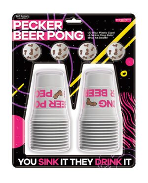 Packaging of a novelty beer pong game with themed plastic cups and ping pong balls.