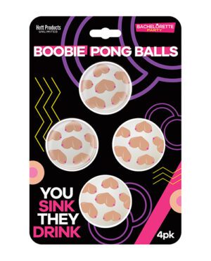 Packaging of novelty ping-pong balls designed for a bachelorette party with "BOOBIE PONG BALLS" text and playful graphics.