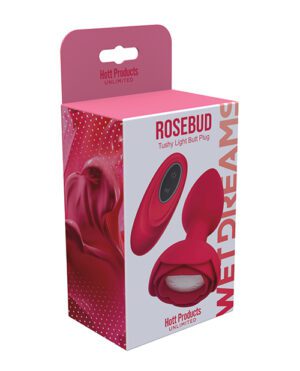 A product packaging for "ROSEBUD Tushy Light Butt Plug" by Hott Products Unlimited, featuring the image of the product in shades of pink and red.