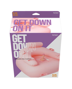 Packaging for an inflatable cushion, with the product name "GET DOWN ON IT" displayed prominently, produced by Hott Products.
