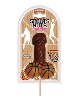 Chocolate flavored lollipop in sports-themed packaging with basketball design.