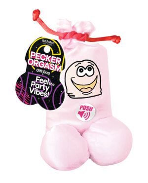 A pink novelty gift bag with cartoonish character and "Pecker Orgasm" label designed for adult-themed parties.