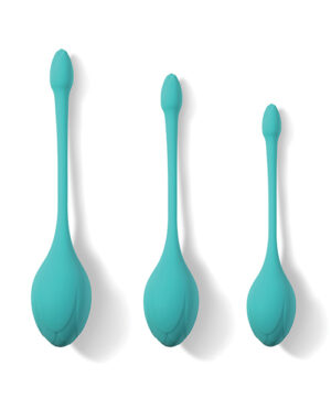 Three teal silicone kitchen utensils with bulbous ends and elongated handles, displayed in decreasing size order on a white background.