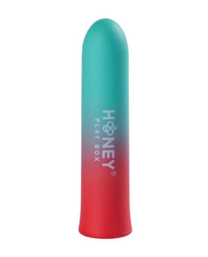 A colorful vibrator with a smooth gradient from teal to red, featuring the brand name "HONEY PLAY BOX" prominently displayed.