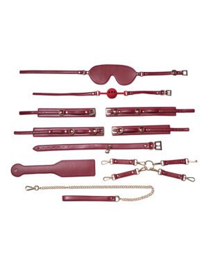 A collection of assorted red leather BDSM accessories, including restraints, a blindfold, a paddle, and a leash with a chain, organized neatly on a white background.