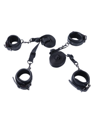 A set of black restraints with wrist cuffs, ankle cuffs, and connecting straps, displayed against a white background.