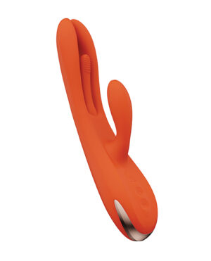 Orange personal massage device with dual tips and control buttons, isolated on a white background.