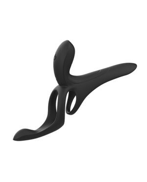 Black ergonomic device with multiple curved appendages on a white background.