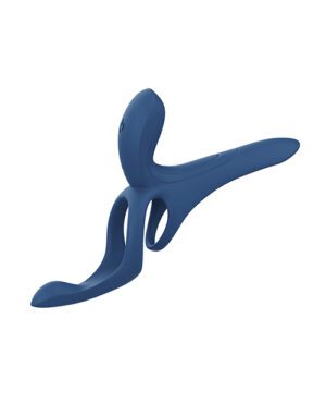 A blue, abstract sculptural object with a curved design on a white background.