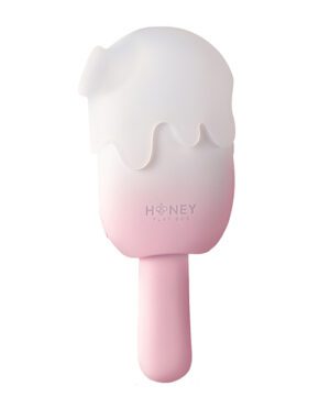 A pink and white ice cream shaped personal massager with the logo "HONEY PLAY BOX" on the handle.